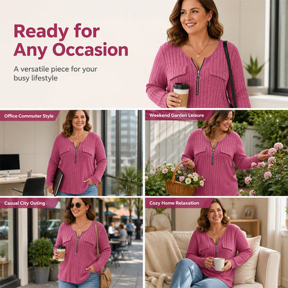 ⌛Limited-Time Offer-Women's Zipper V-Neck Ribbed Knit Long Sleeve Top