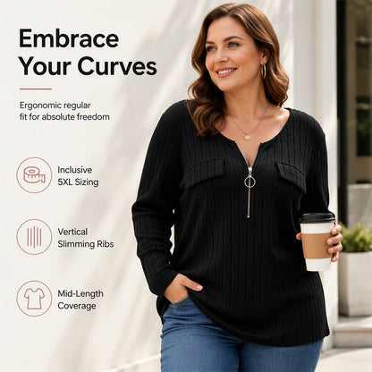 ⌛Limited-Time Offer-Women's Zipper V-Neck Ribbed Knit Long Sleeve Top