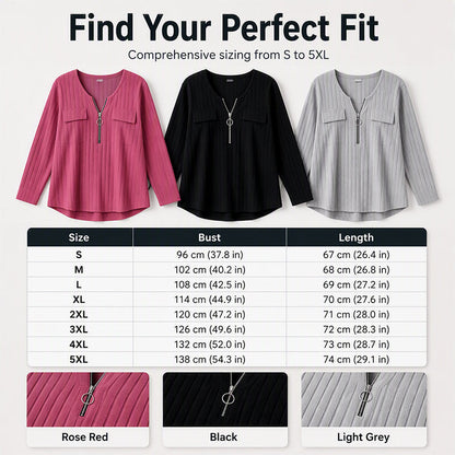 ⌛Limited-Time Offer-Women's Zipper V-Neck Ribbed Knit Long Sleeve Top
