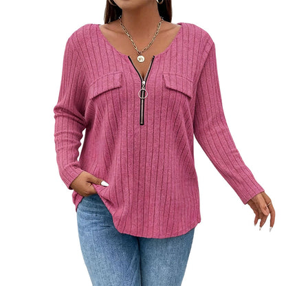 ⌛Limited-Time Offer-Women's Zipper V-Neck Ribbed Knit Long Sleeve Top