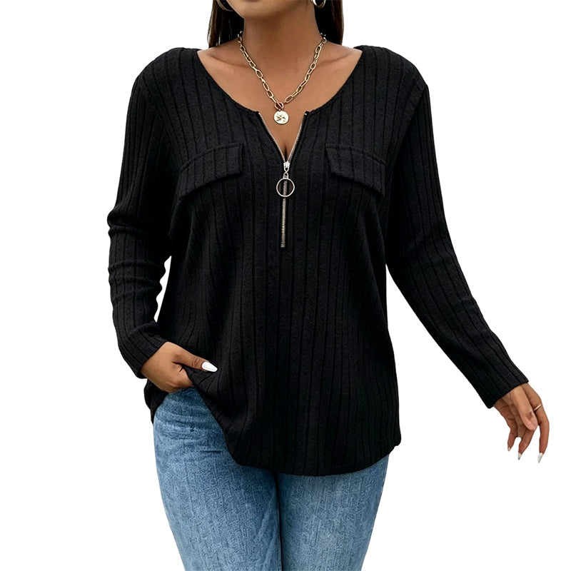 ⌛Limited-Time Offer-Women's Zipper V-Neck Ribbed Knit Long Sleeve Top