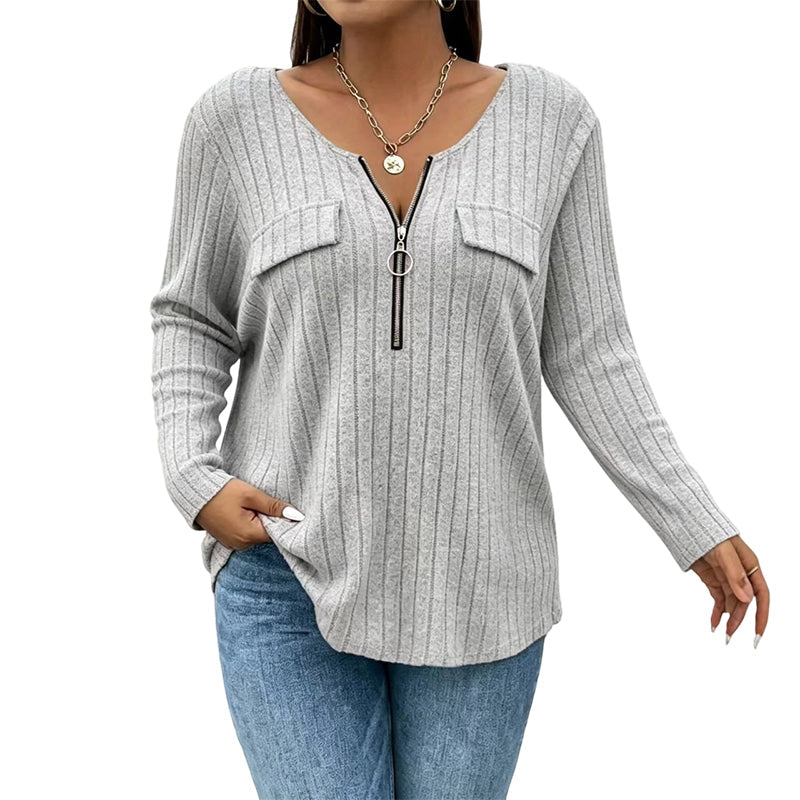 ⌛Limited-Time Offer-Women's Zipper V-Neck Ribbed Knit Long Sleeve Top