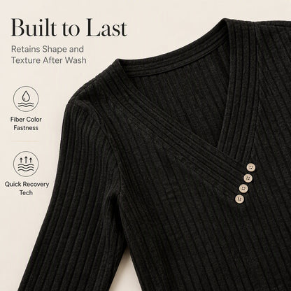 ⏰Last Day Sale 50% Off💃Women's Ribbed Knit V-Neck Top with Decorative Buttons