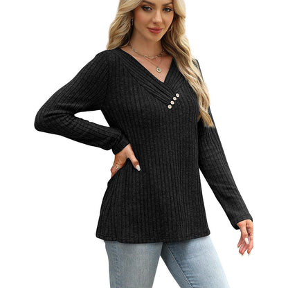 ⏰Last Day Sale 50% Off💃Women's Ribbed Knit V-Neck Top with Decorative Buttons