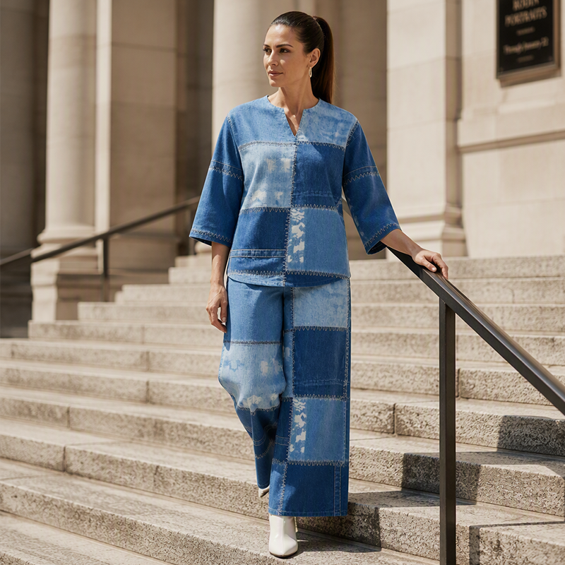 ✨ Denim Look, Softer Feel | Women's Faux-Denim Patchwork Top & Wide-Leg Pants Set