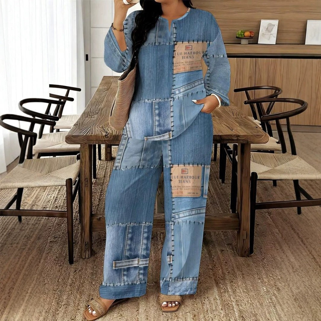 ✨ Denim Look, Softer Feel | Women's Faux-Denim Patchwork Top & Wide-Leg Pants Set