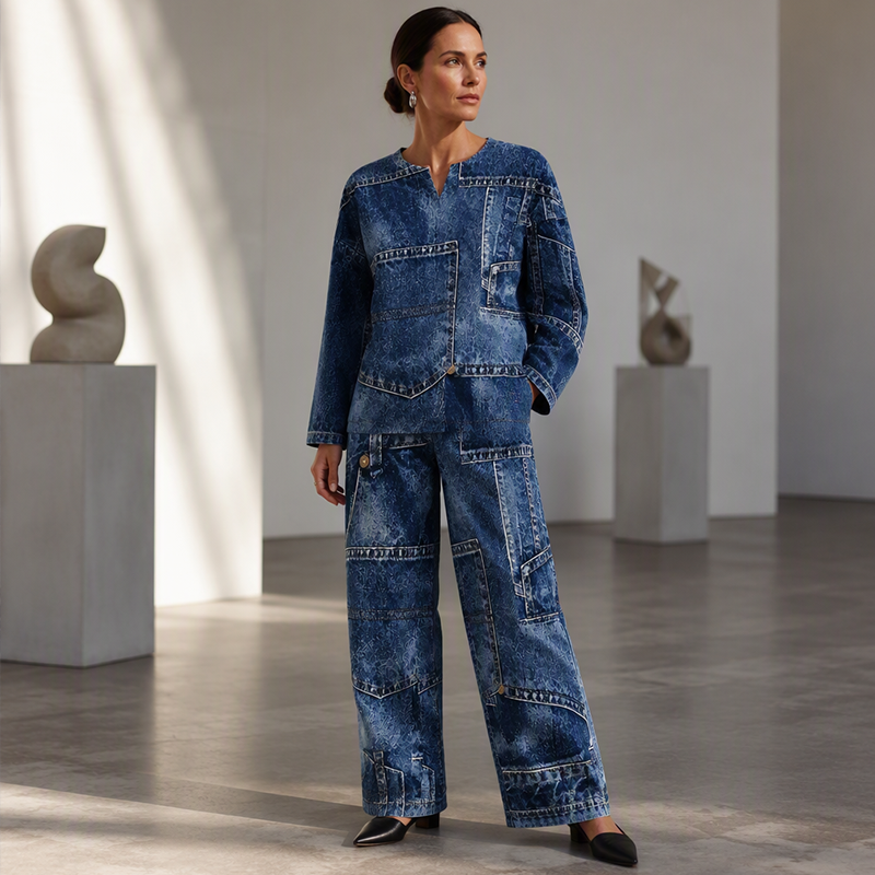 ✨ Denim Look, Softer Feel | Women's Faux-Denim Patchwork Top & Wide-Leg Pants Set