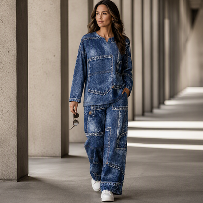 ✨ Denim Look, Softer Feel | Women's Faux-Denim Patchwork Top & Wide-Leg Pants Set