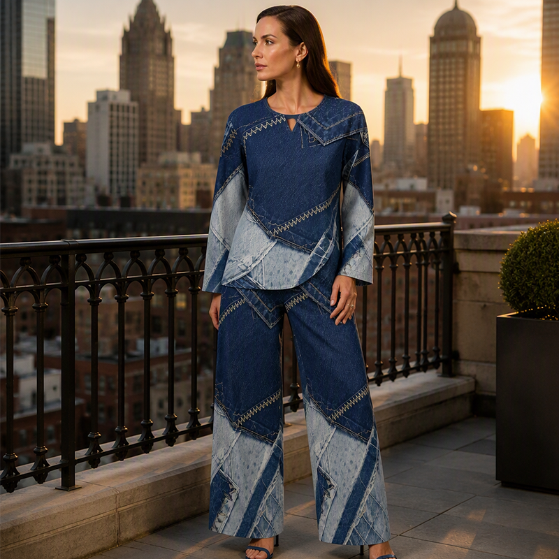 ✨ Denim Look, Softer Feel | Women's Faux-Denim Patchwork Top & Wide-Leg Pants Set
