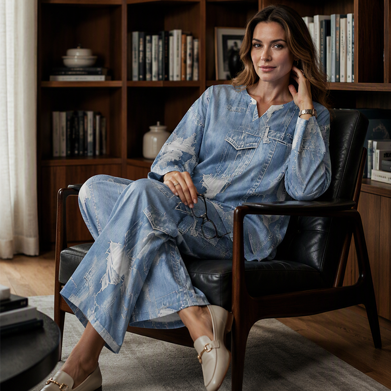 ✨ Denim Look, Softer Feel | Women's Faux-Denim Patchwork Top & Wide-Leg Pants Set