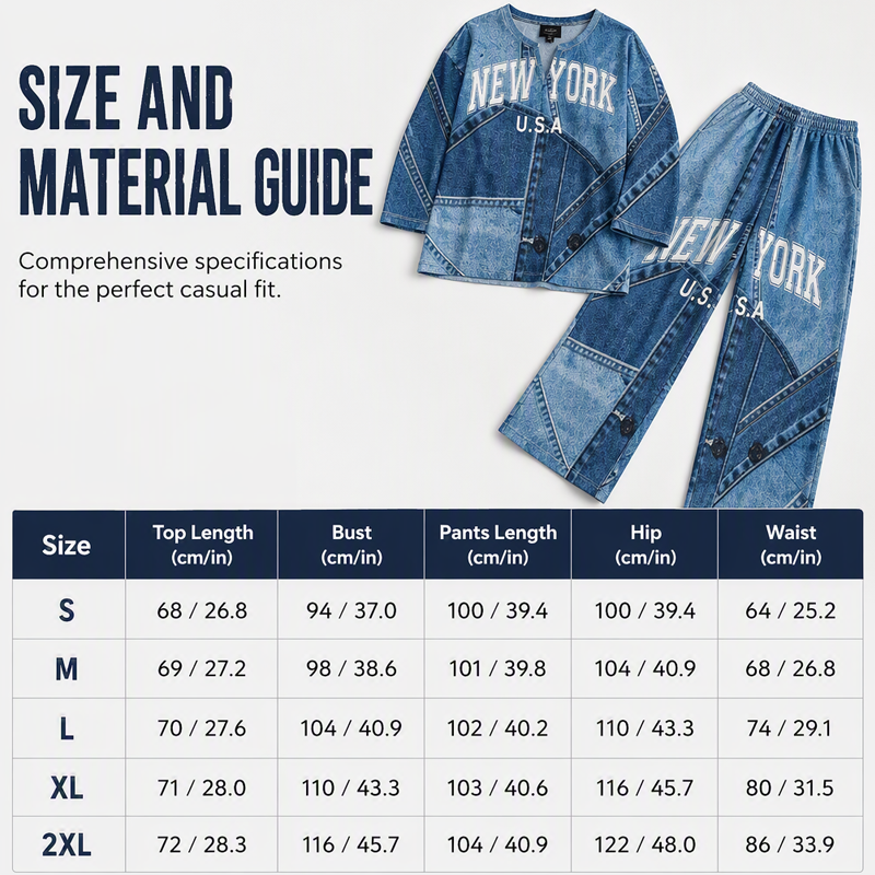 ✨ Denim Look, Softer Feel | Women's Faux-Denim Patchwork Top & Wide-Leg Pants Set