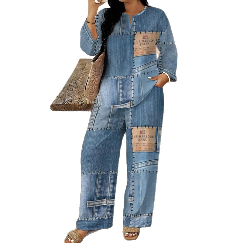 ✨ Denim Look, Softer Feel | Women's Faux-Denim Patchwork Top & Wide-Leg Pants Set