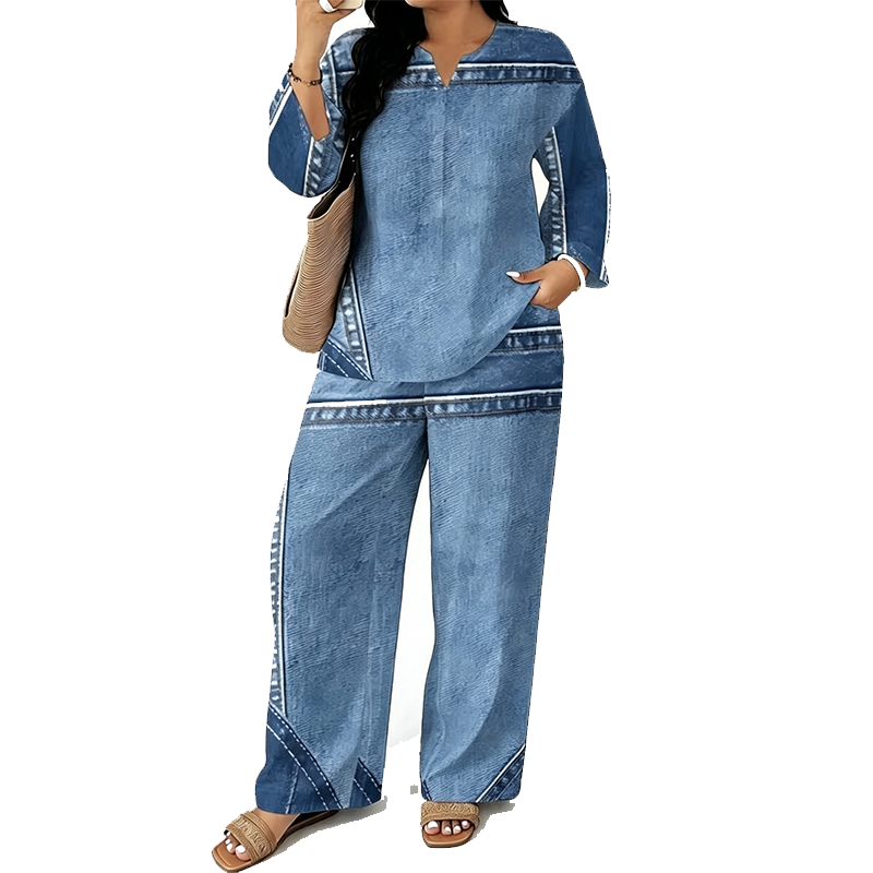 ✨ Denim Look, Softer Feel | Women's Faux-Denim Patchwork Top & Wide-Leg Pants Set