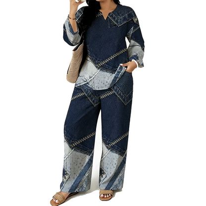 ✨ Denim Look, Softer Feel | Women's Faux-Denim Patchwork Top & Wide-Leg Pants Set