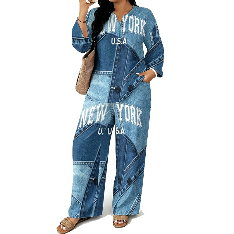 ✨ Denim Look, Softer Feel | Women's Faux-Denim Patchwork Top & Wide-Leg Pants Set