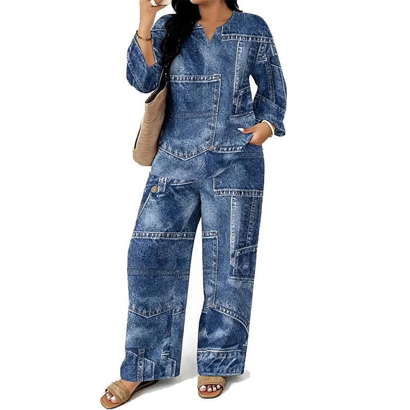 ✨ Denim Look, Softer Feel | Women's Faux-Denim Patchwork Top & Wide-Leg Pants Set