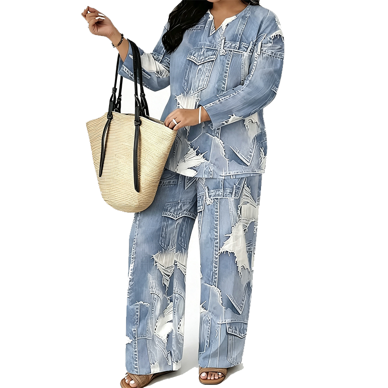 ✨ Denim Look, Softer Feel | Women's Faux-Denim Patchwork Top & Wide-Leg Pants Set