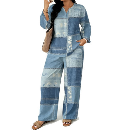 ✨ Denim Look, Softer Feel | Women's Faux-Denim Patchwork Top & Wide-Leg Pants Set