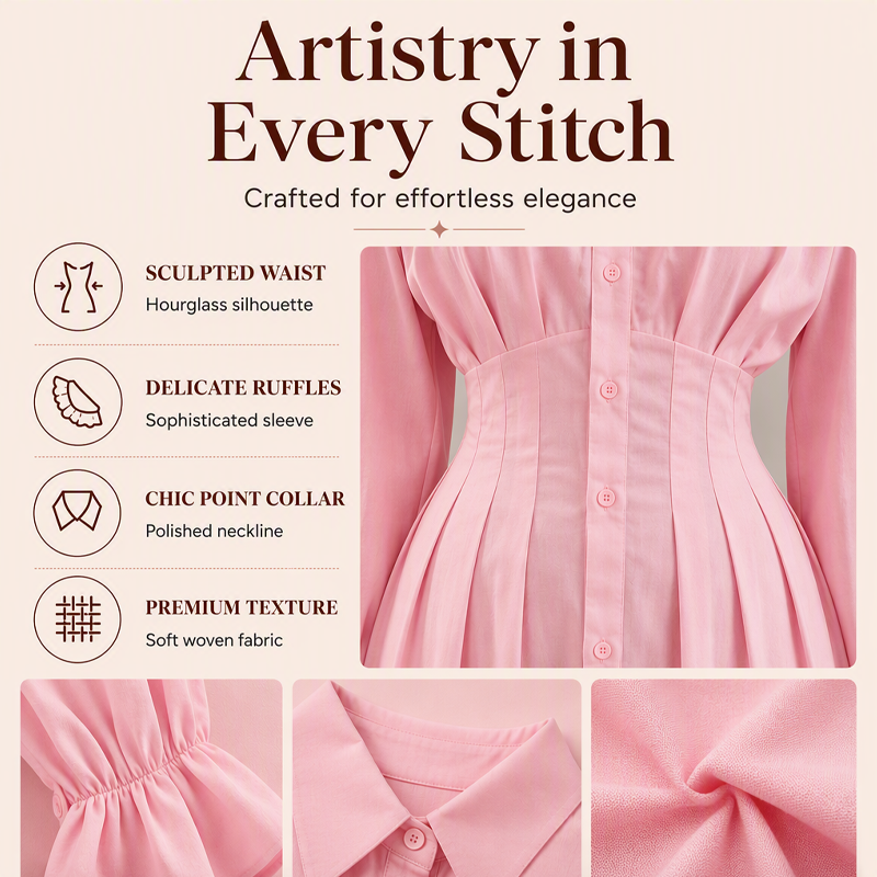 ⌛Limited-Time Offer-Women's Pleated Waist Long Sleeve Shirt Dress