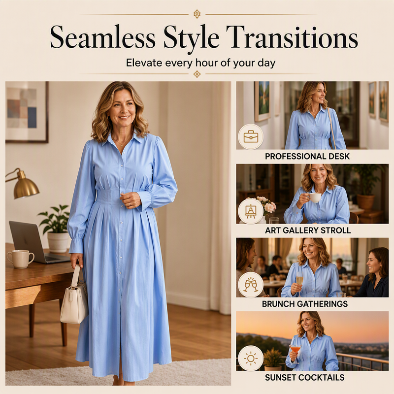 ⌛Limited-Time Offer-Women's Pleated Waist Long Sleeve Shirt Dress