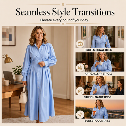 ⌛Limited-Time Offer-Women's Pleated Waist Long Sleeve Shirt Dress
