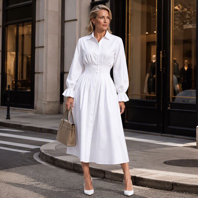 ⌛Limited-Time Offer-Women's Pleated Waist Long Sleeve Shirt Dress