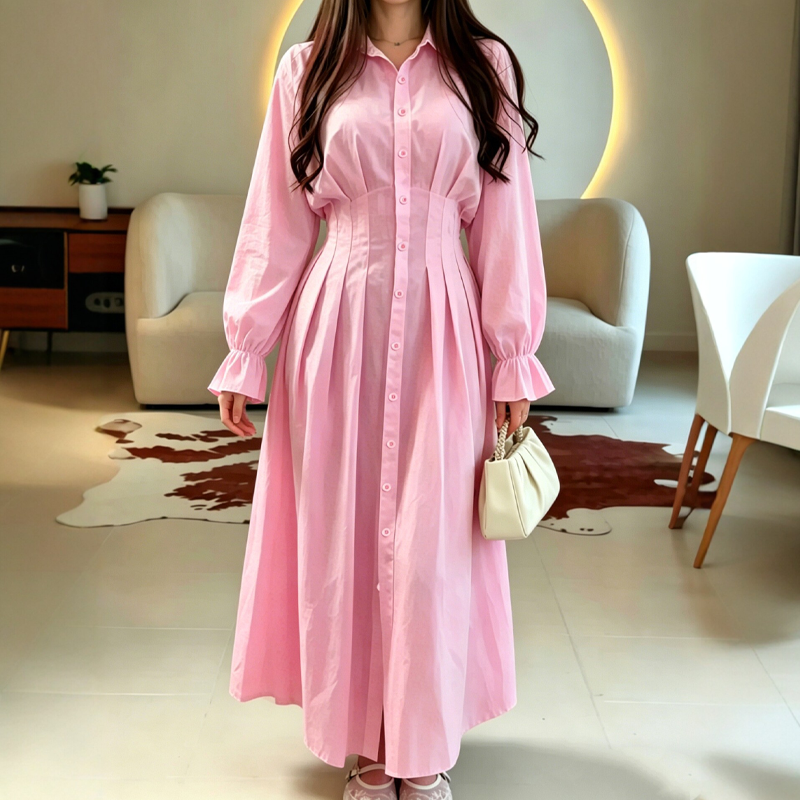 ⌛Limited-Time Offer-Women's Pleated Waist Long Sleeve Shirt Dress