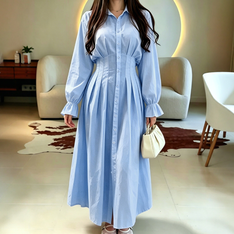⌛Limited-Time Offer-Women's Pleated Waist Long Sleeve Shirt Dress