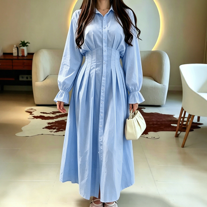 ⌛Limited-Time Offer-Women's Pleated Waist Long Sleeve Shirt Dress