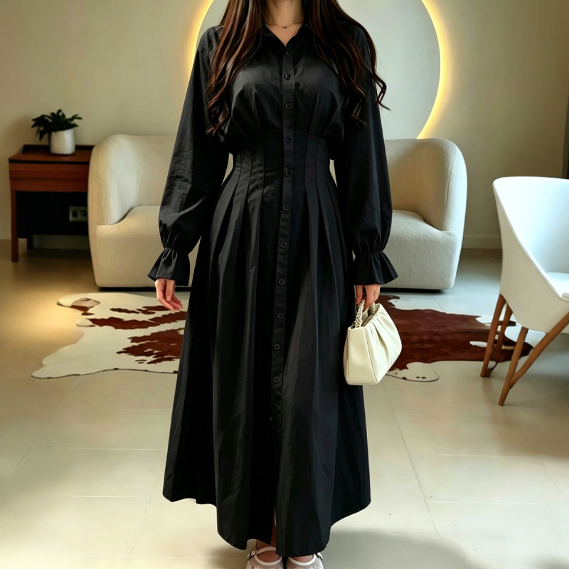 ⌛Limited-Time Offer-Women's Pleated Waist Long Sleeve Shirt Dress