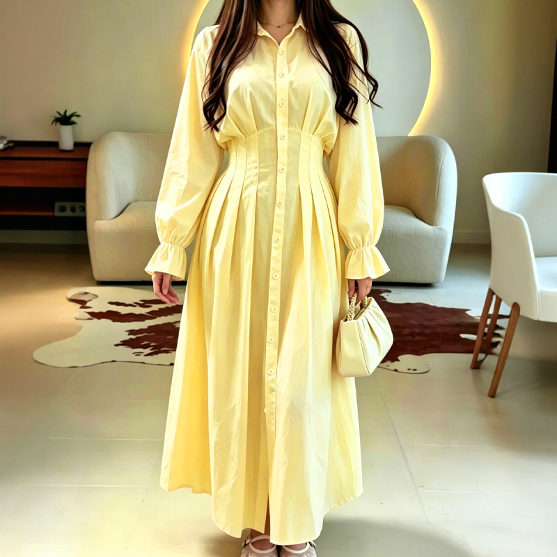 ⌛Limited-Time Offer-Women's Pleated Waist Long Sleeve Shirt Dress