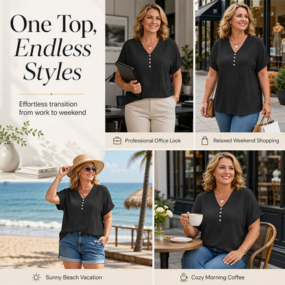 ⌛Limited-Time Offer-Women's Casual V-Neck Short Sleeve Textured Crinkle Top