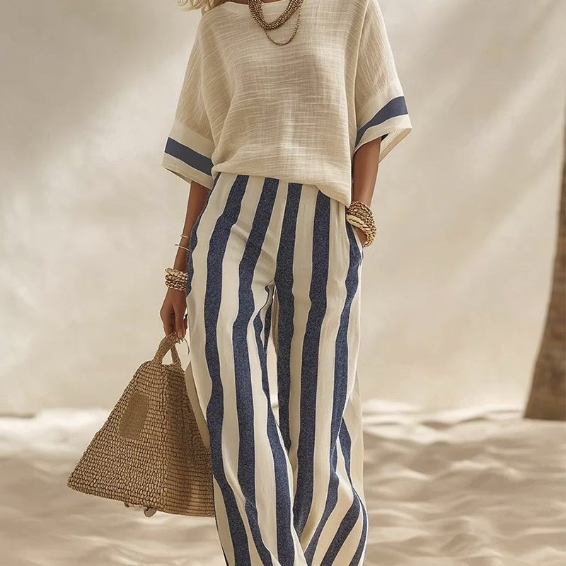 ⌛Limited-Time Offer-Women's Casual Striped Two Piece Wide Leg Pants Set