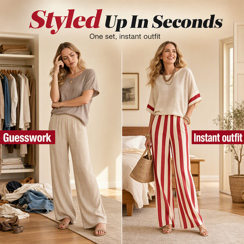 ⌛Limited-Time Offer-Women's Casual Striped Two Piece Wide Leg Pants Set