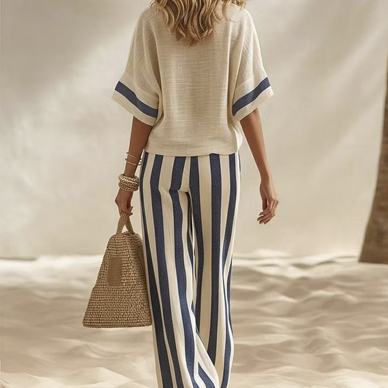 ⌛Limited-Time Offer-Women's Casual Striped Two Piece Wide Leg Pants Set