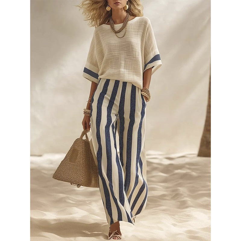 ⌛Limited-Time Offer-Women's Casual Striped Two Piece Wide Leg Pants Set