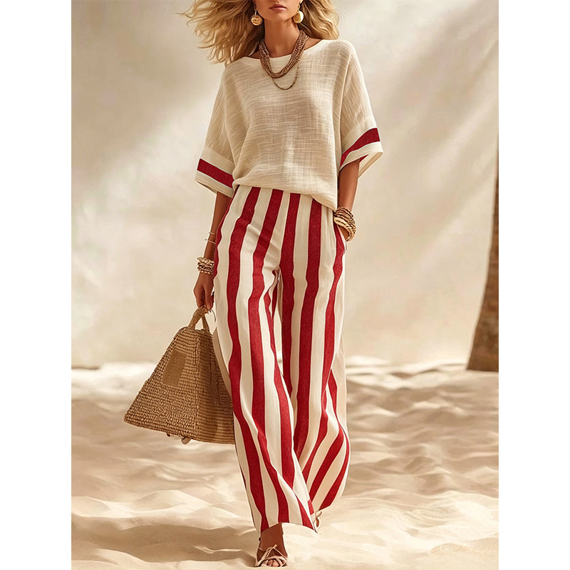⌛Limited-Time Offer-Women's Casual Striped Two Piece Wide Leg Pants Set