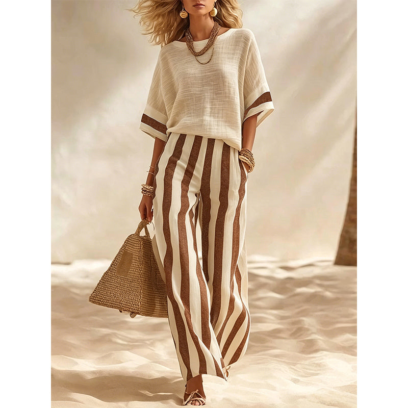 ⌛Limited-Time Offer-Women's Casual Striped Two Piece Wide Leg Pants Set