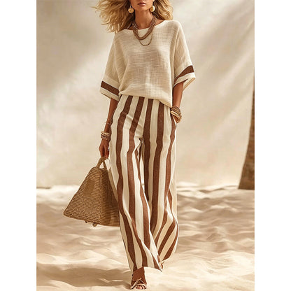 ⌛Limited-Time Offer-Women's Casual Striped Two Piece Wide Leg Pants Set