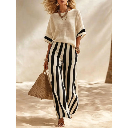 ⌛Limited-Time Offer-Women's Casual Striped Two Piece Wide Leg Pants Set