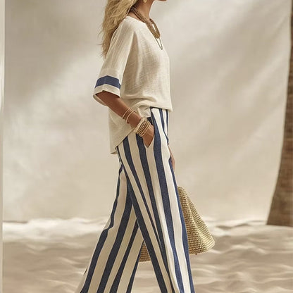 ⌛Limited-Time Offer-Women's Casual Striped Two Piece Wide Leg Pants Set