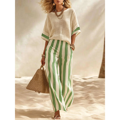 ⌛Limited-Time Offer-Women's Casual Striped Two Piece Wide Leg Pants Set