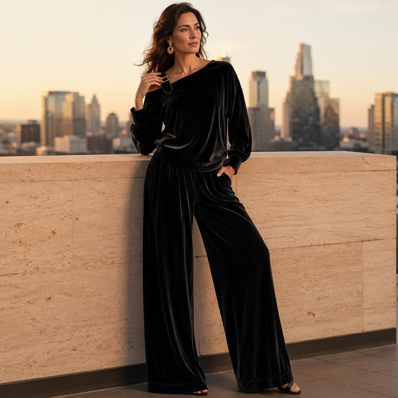 ✨ Effortless Elegance | Women's Off-Shoulder Top & Wide-Leg Pants 2-Piece Set