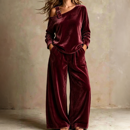 ✨ Effortless Elegance | Women's Off-Shoulder Top & Wide-Leg Pants 2-Piece Set