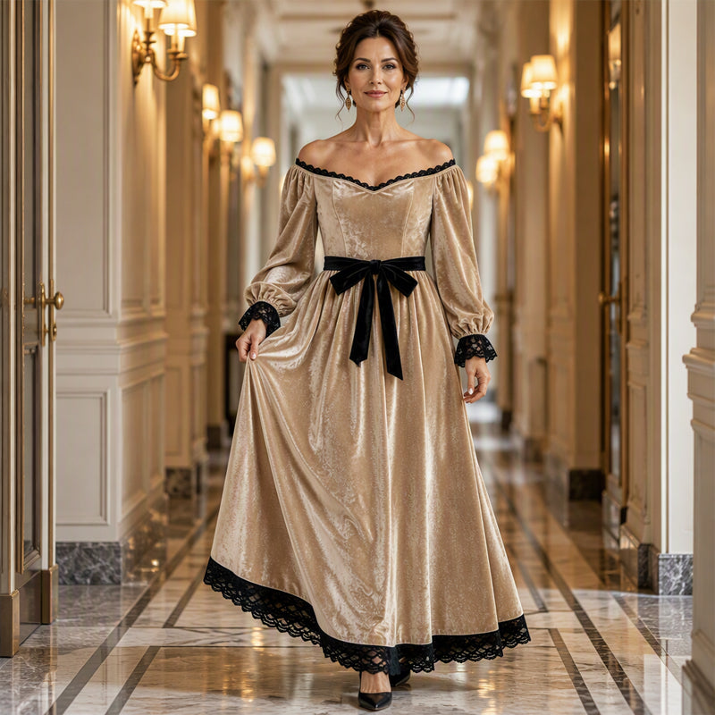 ✨ Elegant Comfort | Women's Off-Shoulder Velvet Midi Dress