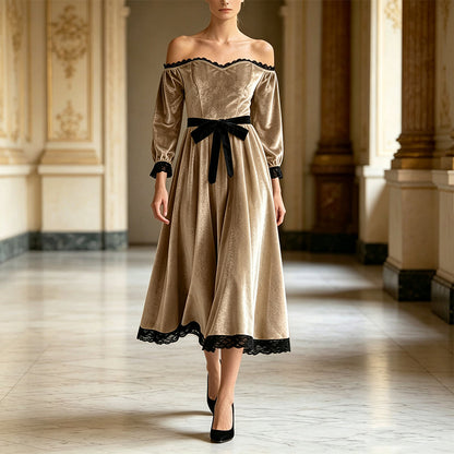 ✨ Elegant Comfort | Women's Off-Shoulder Velvet Midi Dress