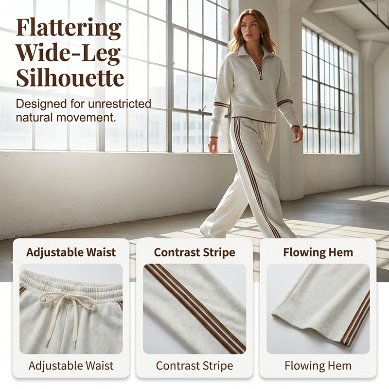 ✨ Effortless Comfort | Women's Half-Zip Top & Wide-Leg Pants 2-Piece Set