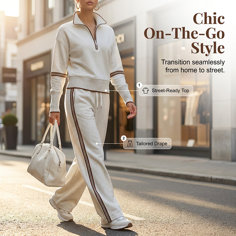 ✨ Effortless Comfort | Women's Half-Zip Top & Wide-Leg Pants 2-Piece Set