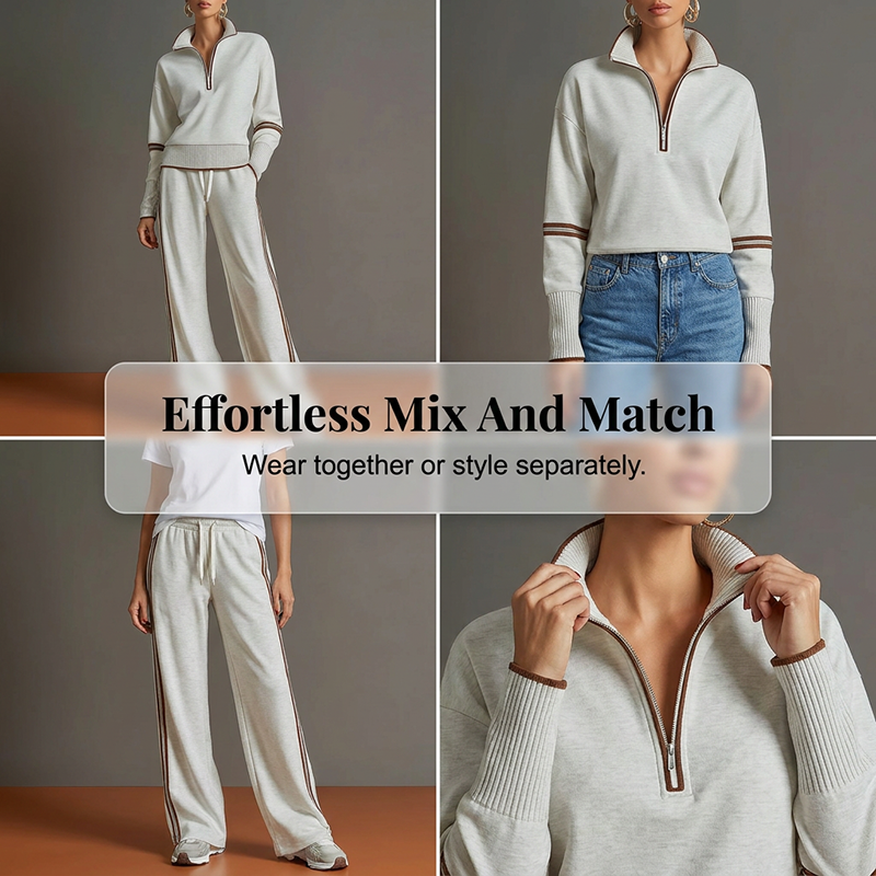 ✨ Effortless Comfort | Women's Half-Zip Top & Wide-Leg Pants 2-Piece Set