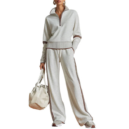 ✨ Effortless Comfort | Women's Half-Zip Top & Wide-Leg Pants 2-Piece Set